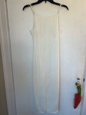 Elegant Cream Maxi Slip Dress with Pearl-Trim Straps